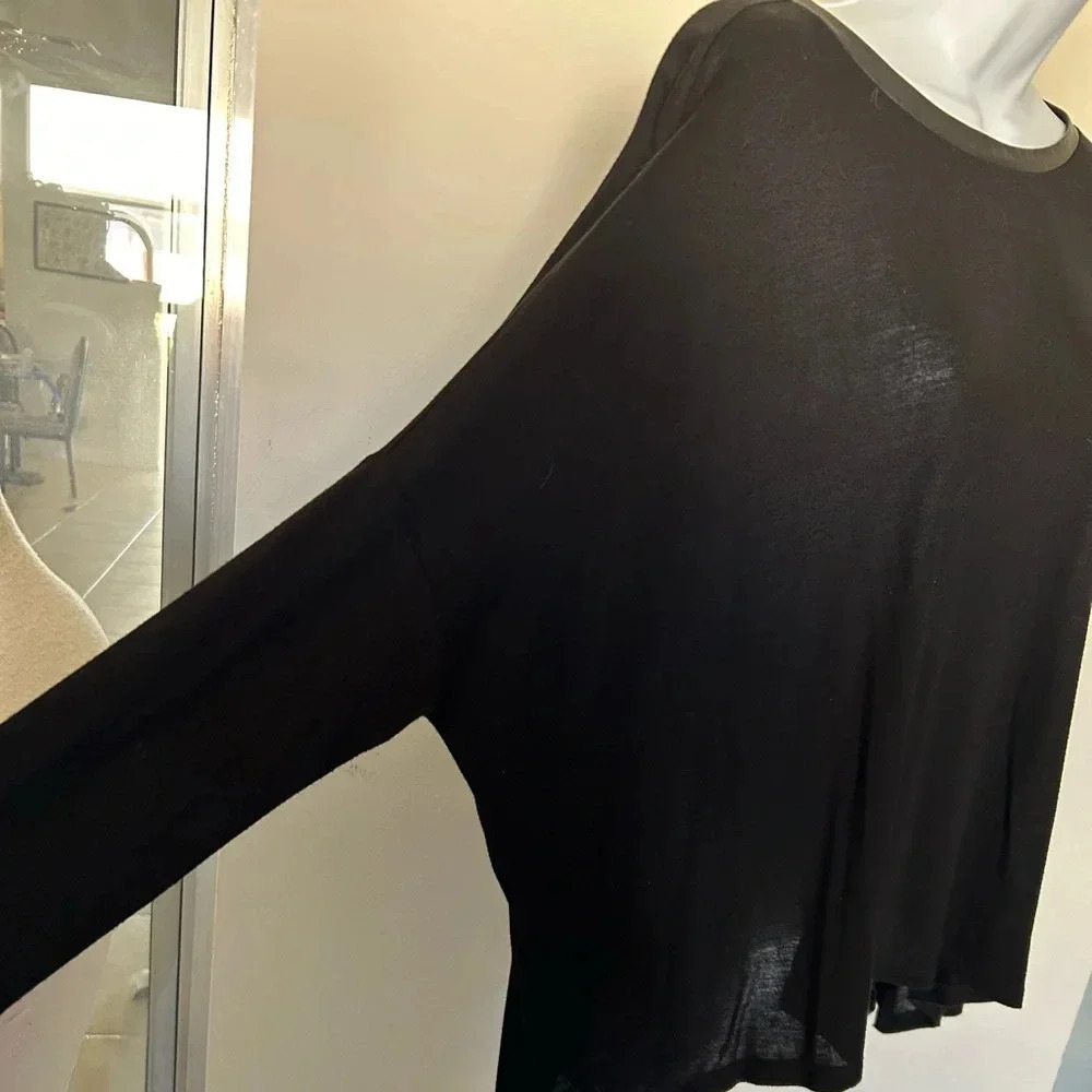 Enza Costa black boxy top lamb leather trim long sleeve Size M - Picture 5 of 8